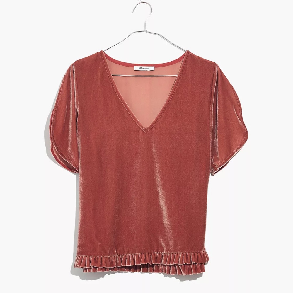 NWOT Madewell Velvet Tulip-Sleeve Ruffle Top - Picture 2 of 9